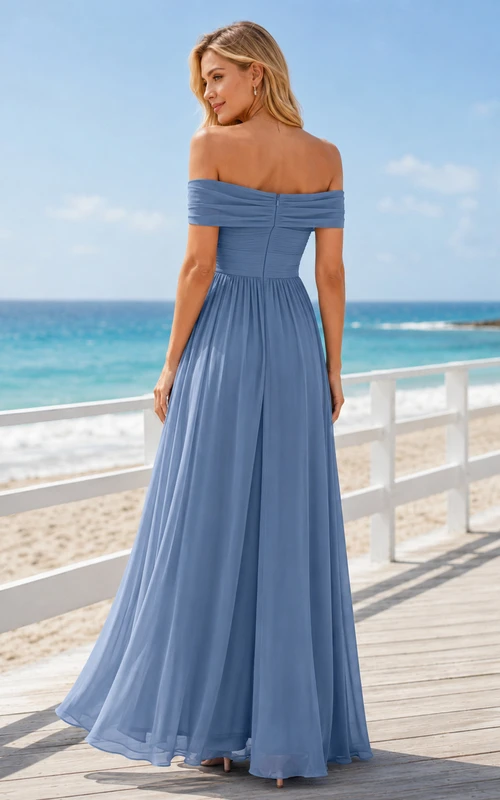 Sky Blue Seaside Wedding Guest Dress A-Line Chiffon Off Shoulder Sleeveless Floor-Length Ruched Bodice