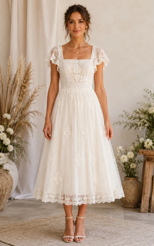 Vintage Summer A-Line Wedding Dress Short Sleeve Square Neck Tulle Lace Tea-Length White
