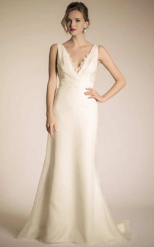Long V-Neck Lace Tulle&Satin Wedding Dress With Court Train And V Back