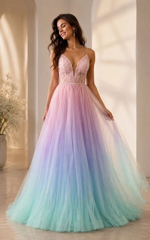 Robe de bal en tulle rose poudré, bretelles spaghetti, décolleté en V, coupe trapèze, longueur au sol, ornée de perles et d'un effet ombré.
