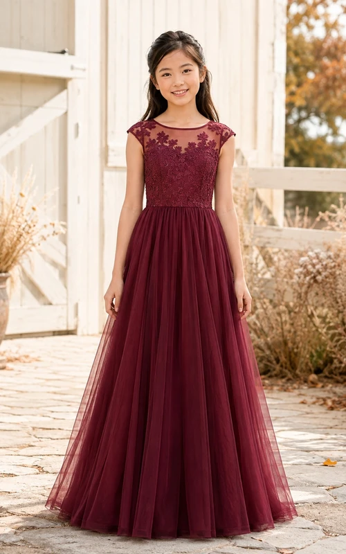 Robe de demoiselle d'honneur junior bordeaux, coupe trapèze, manches courtes, dentelle et tulle ornés de fleurs, style romantique