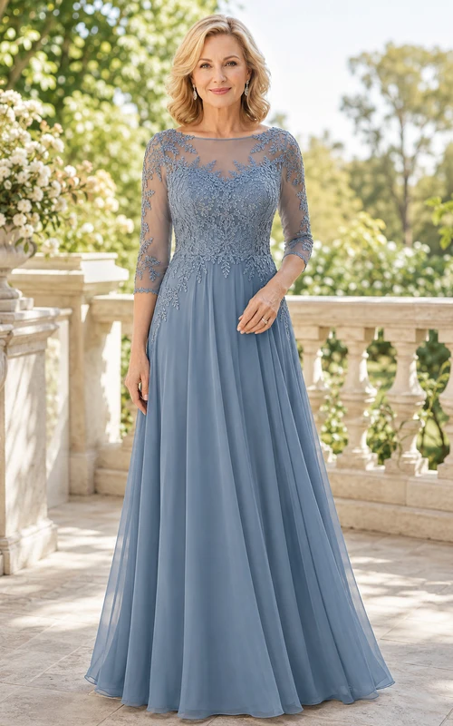 Stahlblaues A-Linien-Kleid mit Illusionsspitze und langen Ärmeln