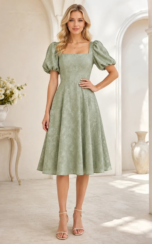 Sage Square Short Sleeve Taffeta A-Line Tea-length Puff Vintage Dress