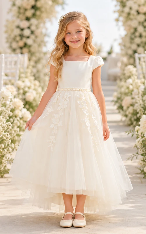Flower Girl Dress Ivory Lace Tulle A-Line Short Sleeve Scoop Neck Tea Length
