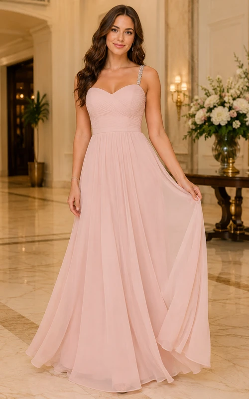 Robe de soirée en tulle rose poudré à décolleté cœur et coupe trapèze