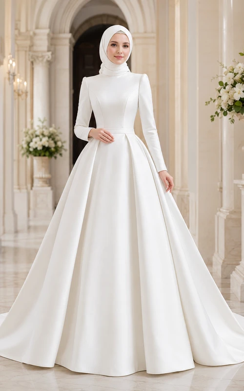 Modest Muslim Long Sleeve Mikado High Neck Ball Gown Wedding Dress