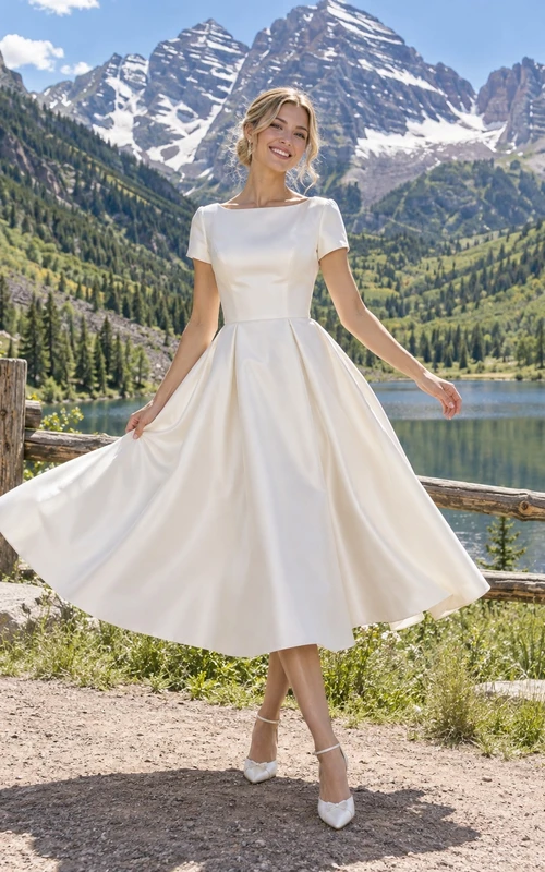 Vestido de novia sencillo de satén plisado de corte A, largo hasta la rodilla, con escote barco y mangas cortas