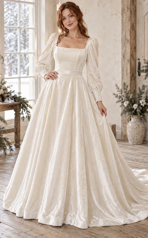 Vestido de novia de terciopelo de corte princesa con escote cuadrado y mangas largas estilo obispo.