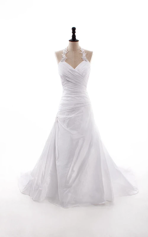 Robe de bal sirène longue dos nu à épaules dénudées, décolleté asymétrique en V, sans manches, coupe cloche, perles, traîne chapelle, fermeture éclair, dentelle et taffetas