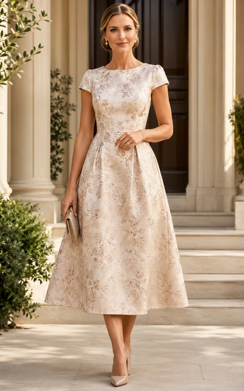 Champagne Jacquard Mother A Line Tea Length Jewel Cap Sleeve Formal Dress