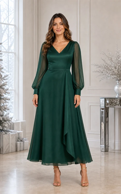 Robe mi-longue en mousseline vert foncé, col en V, manches bouffantes et dos corset.