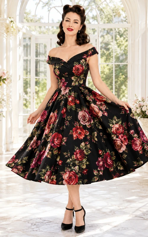 Vestido de invitada romántico negro con estampado floral, hombros descubiertos, manga corta, de algodón, corte en A y largo hasta la rodilla.
