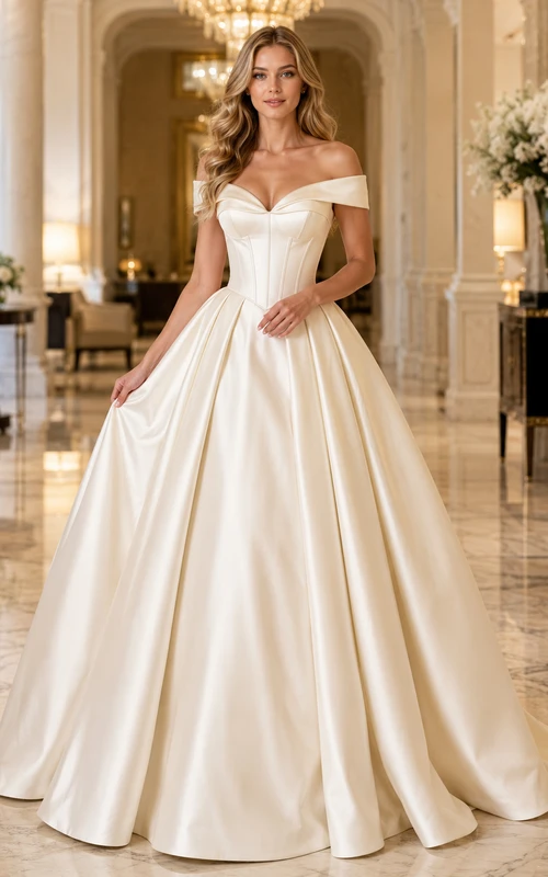 Lujoso vestido de gala de satén plisado color marfil con escote corazón, hombros descubiertos y cola larga.