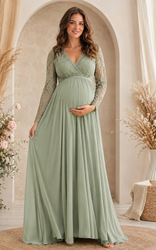 Sage Green Maternity Lace Long-Sleeve V-Neck Empire Floor-Length Dress