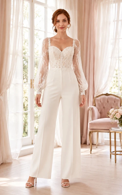 Mono de novia de manga larga con encaje y escote corazón color marfil.