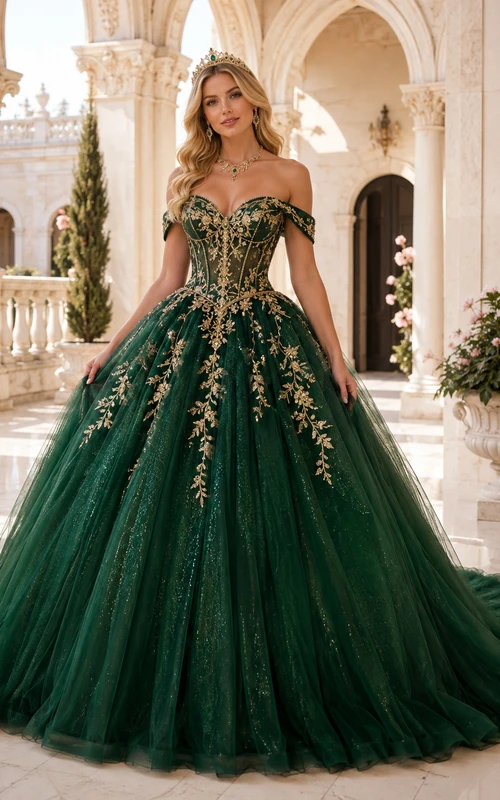 Robe de bal de luxe en tulle vert foncé à épaules dénudées et ornée d'appliqués de perles, idéale pour une quinceañera.