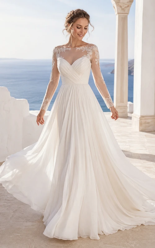 Robe de mariée bohème en dentelle à manches longues, coupe trapèze, dos illusion, style plage
