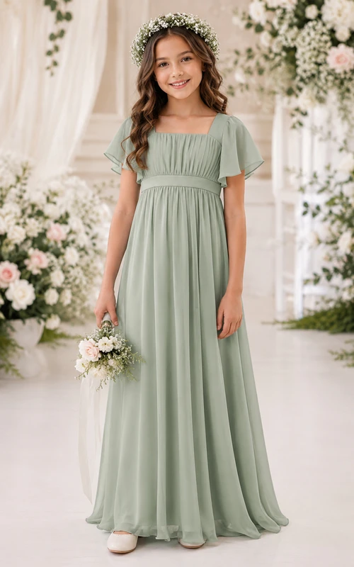 Salbeigrünes A-Linien-Tüllkleid für Blumenmädchen mit Schleifenschärpe