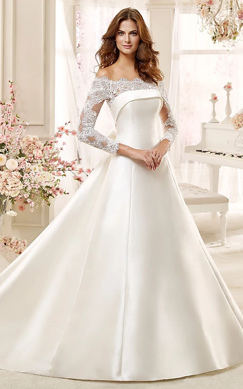 Vestido de novia de satén de corte A con hombros descubiertos, mangas largas de encaje y cola de cepillo.