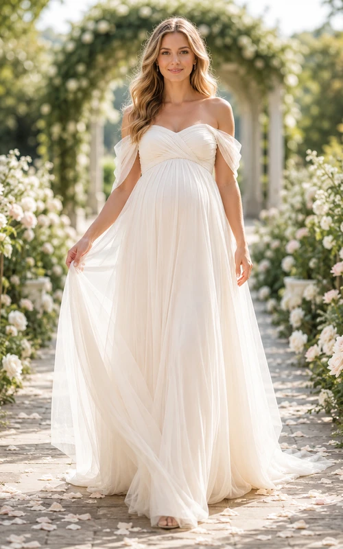 Umstands-Brautkleid aus Tüll mit schulterfreiem Empire-Stil und A-Linie