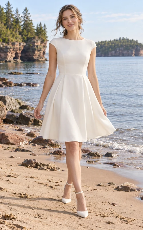 Vestido de novia sencillo de corte A, largo hasta la rodilla, con escote barco y manga corta, de crepé liso.