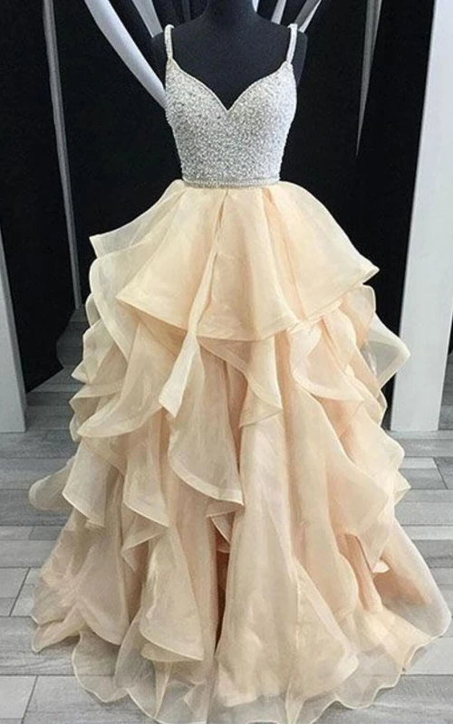 Robe de bal en organza à sequins, bretelles spaghetti sans manches