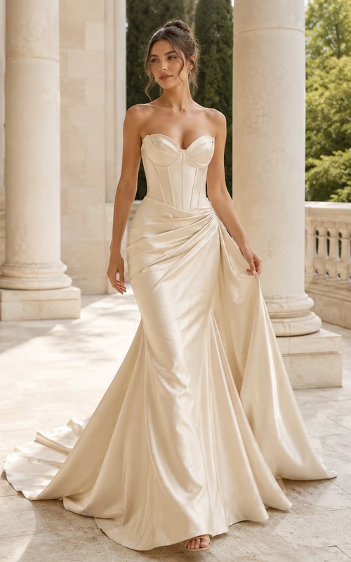 Robe de mariée sirène en satin champagne sans bretelles et corset drapé