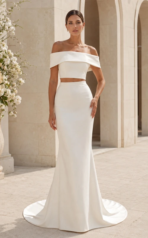 Modern Off Shoulder Satin Two Piece Wedding Sheath Short Sleeve Sweep Train