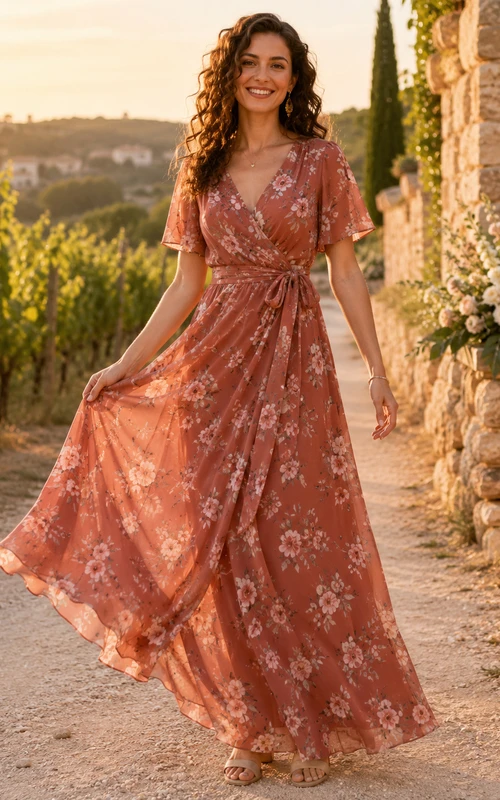 Rust Floral V Neck Flutter Chiffon A Line Country Bridesmaid Dress