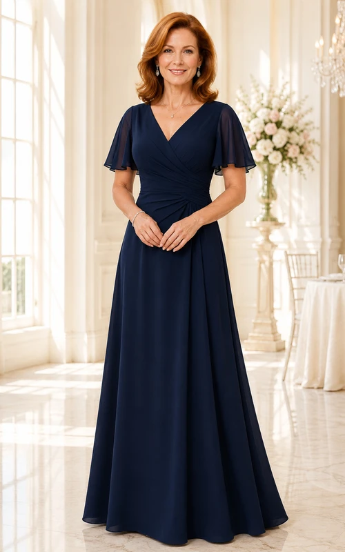 Dunkelblaues Chiffon-Kleid in A-Linie mit V-Ausschnitt und Volantärmeln
