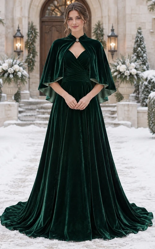 Dark Green Sweetheart Velvet A-line Short Cape Wedding Dress