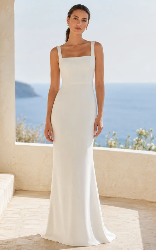 Vestido de novia de gasa para playa, corte en A, escote en V, sin mangas, cola larga con abertura, espalda baja en V.