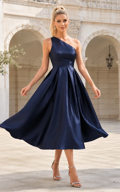 Vestido elegante de fiesta formal de satén azul marino oscuro, largo hasta la rodilla, con un solo hombro y lazo.
