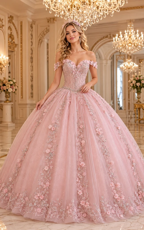 Vestido de baile de lujo de princesa para quinceañera, estilo princesa, con hombros descubiertos y estampado floral tridimensional, color rosa empolvado, ideal para grandes salones de baile.