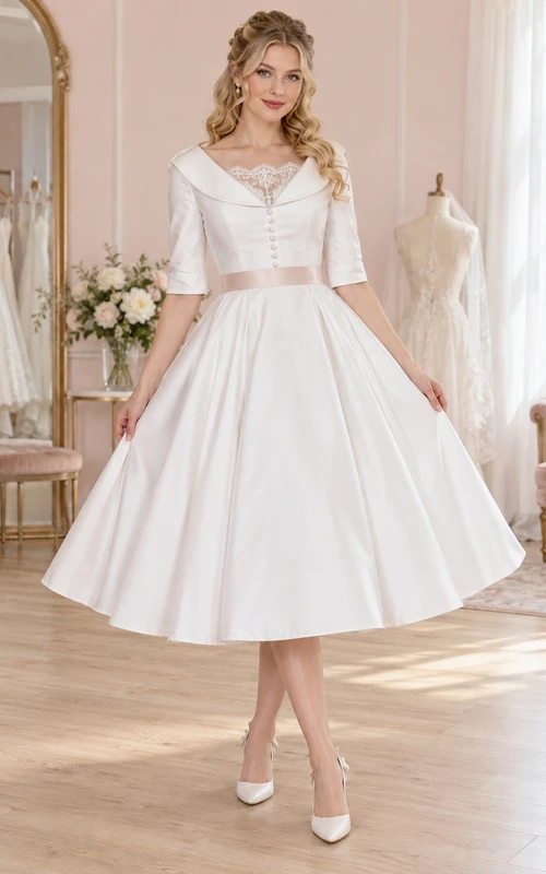 Rockabilly-Hochzeitskleid mit Porträtkragen, halben Ärmeln, Knopfleiste am Rücken, Teelänge und A-Linie