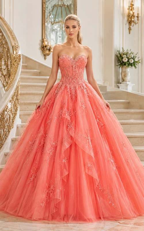 Vestido de quinceañera color coral sin tirantes, escote corazón, apliques de encaje, volantes, corsé, cola catedral
