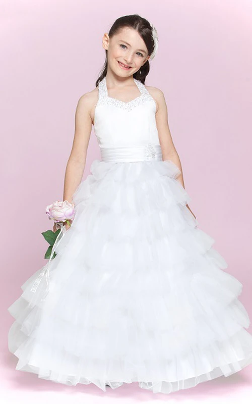 Blumenmädchen-Ballkleid aus Tüll mit Perlenbesatz und Rüschenrock, Neckholder.