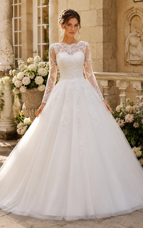 A-Linien-Kleid mit langen Ärmeln, Applikationen, Kapellenschleppe, Reißverschluss und Schnürung am Rücken, Tüllspitze und Pailletten