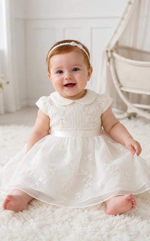 Rounded Collar Christening Dress A-Line Cotton Tulle Short Sleeve Bow Back