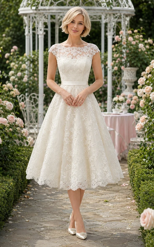 Petite Vintage Brautkleid aus Spitze, Teelänge, kurzen Ärmeln und A-Linie