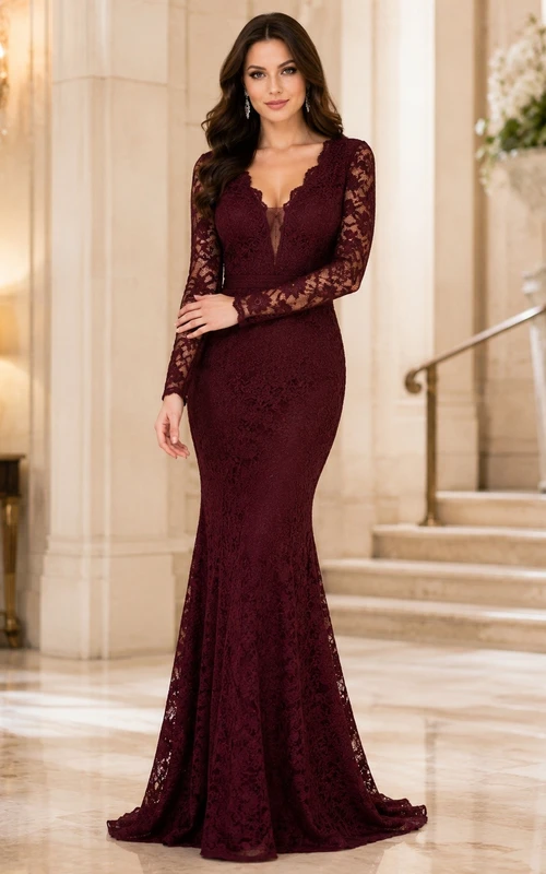 Burgundy Lace V-Neck Long-Sleeve Mermaid Sweep-Train Formal Dress