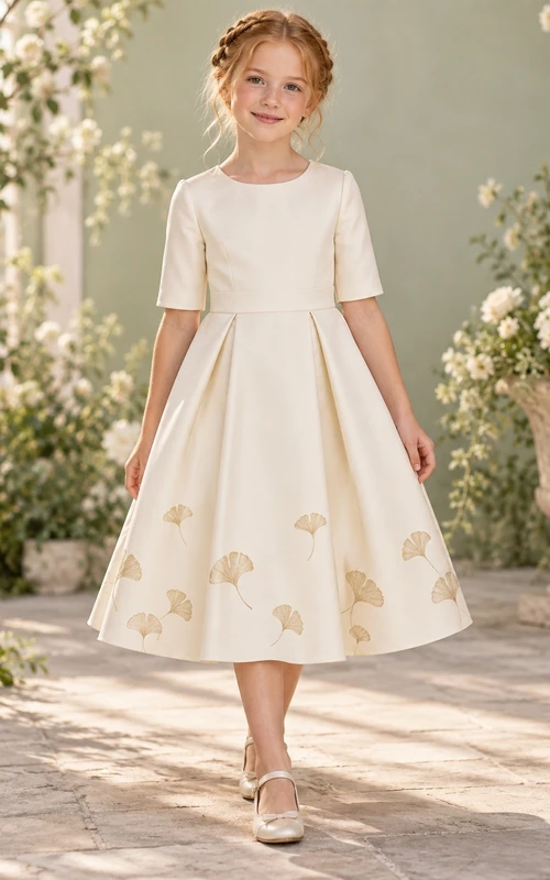 Schlichtes, schlichtes, cremefarbenes, teelanges Blumenmädchenkleid mit juwelenbesetzten Ellbogenärmeln, dezentem Ginkgo-Motiv, plissiertem Bund und A-Linien-Schnitt.