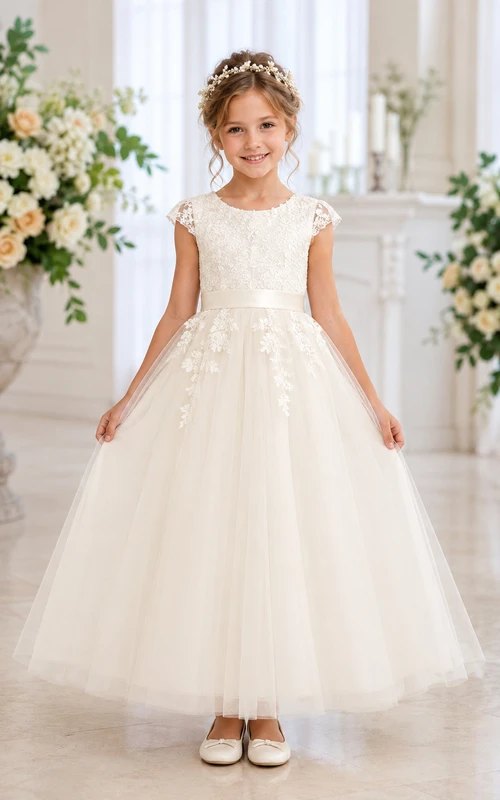 Elfenbeinfarbenes, teelanges A-Linien-Spitzenkleid für Blumenmädchen mit Applikationen, floralen Details und Schleifenschärpe.