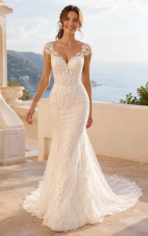 Vestido de novia de encaje con cintura corta y estampado floral estilo sirena.
