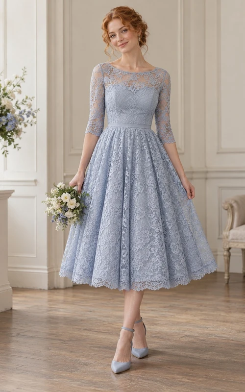 Vestido de dama de honor vintage azul cielo de largo midi con escote barco y mangas tres cuartos de encaje.