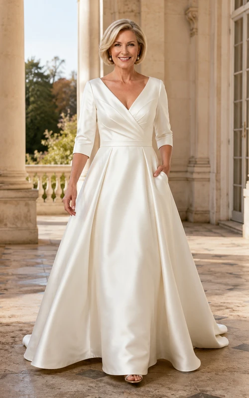 Elegant Modest V-Neck Three Quarter Sleeve Satin A-Line Court Train Wedding Dress