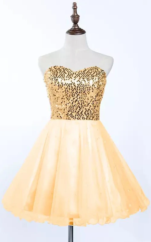 Ärmelloses, kurzes Mini-Abendkleid aus Tüll, Pailletten und A-Linien-Schnürung mit Herzausschnitt