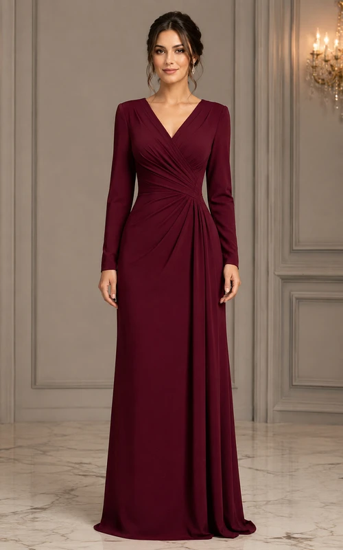 Robe de soirée bordeaux à col V et fronces, coupe fourreau.