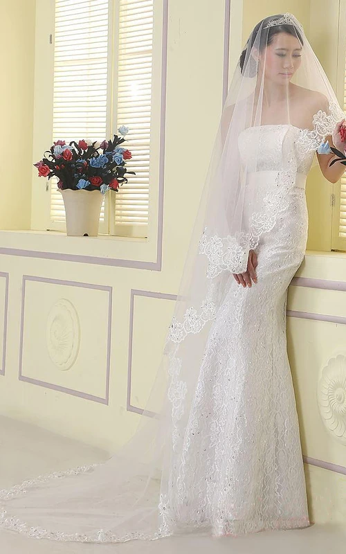 Voile de mariée long en tulle à bordure en dentelle