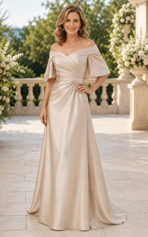 Champagnerfarbenes, schulterfreies A-Linien-Kleid aus Satin mit kurzen Ärmeln